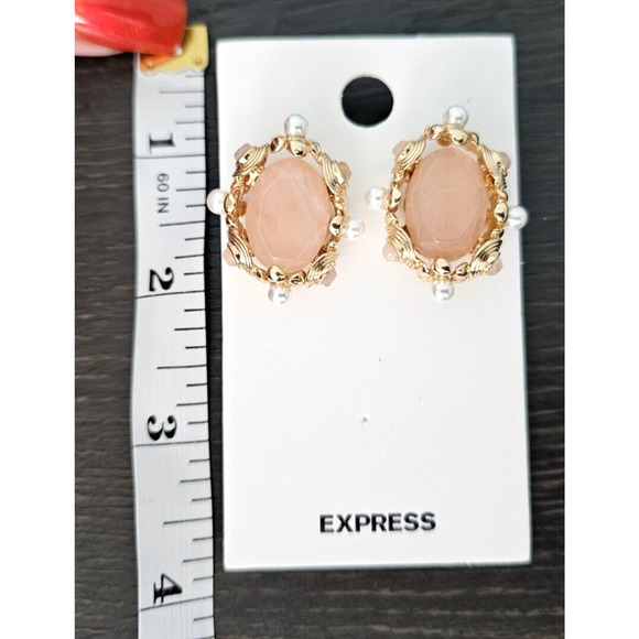 Express Pearl Embellished Stone Oval Stud Earrings Pink White Gold - Picture 7 of 9